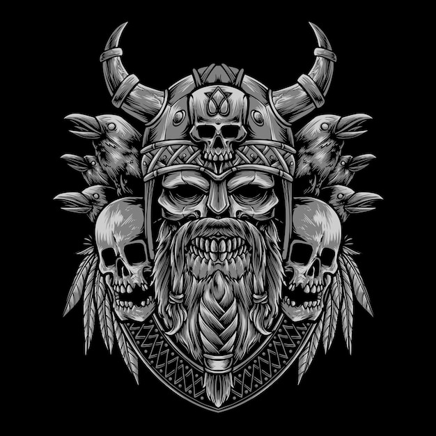 Vector gratuito calavera vikinga con ilustración de vector de cuervo