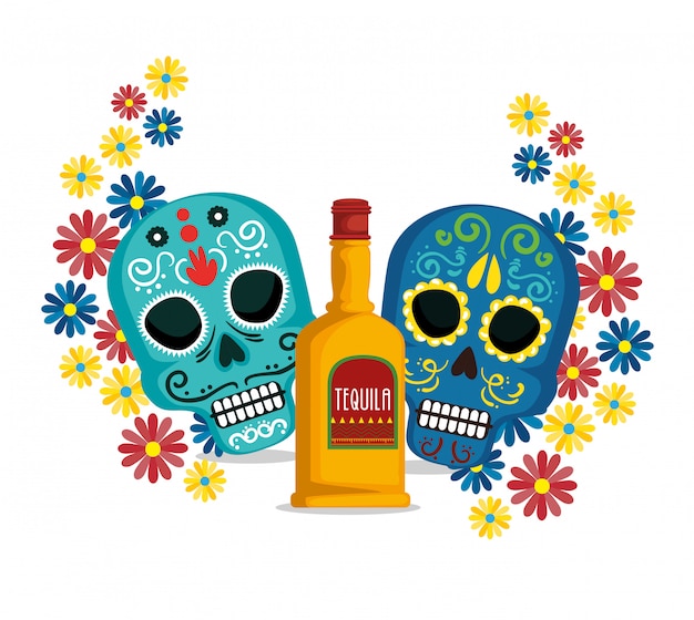 Calaveras con flores y tequila para evento mexicano