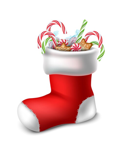 Calcetín rojo de Navidad de estilo de dibujos animados de vector con caramelos en el interior aislado sobre fondo blanco