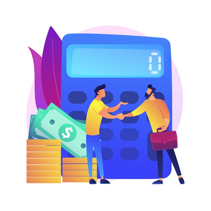 Vector gratuito calculadora con número. trato financiero. confirmando con apretón de manos. cálculo de operación, auditoría, capital riesgo. asociación económica. ilustración de metáfora de concepto aislado.