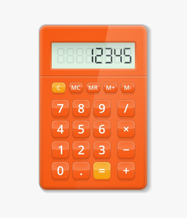 Vector gratuito calculadora realista de vector. botón electrónico, cálculo de dígitos, visualización de menos y más ilustración