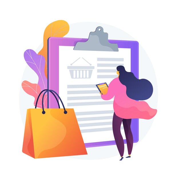 Cálculo de gastos. Planificación de deseos, lista de compras, resumen de compras. Cesta de supermercado de Internet, elemento de diseño creativo de lista de deseos del comprador.
