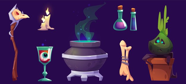 Caldero de bruja de cosas mágicas o de halloween, personal con calavera de pájaro, velas encendidas, globo ocular en copa, poción en vasos de precipitados, huesos y planta en maceta, elementos de juegos de pc aislados ilustración de dibujos animados, conjunto de iconos