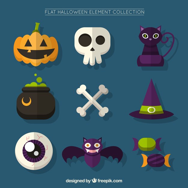 Caldero con otros elementos de halloween en estilo plano