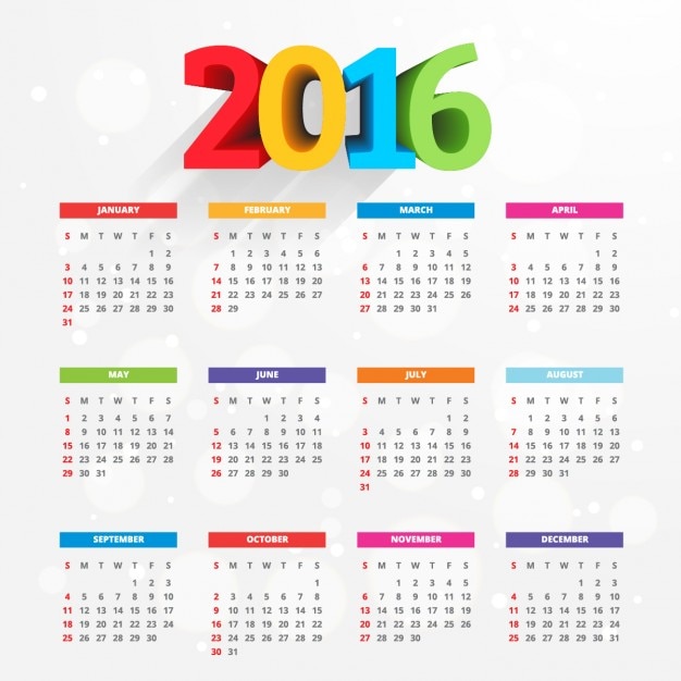 Calendario de 2016 con números de colores