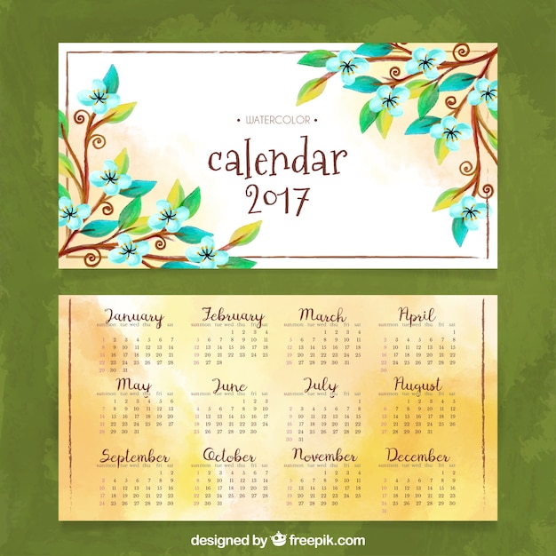 Vector gratuito calendario 2017 en acuarela con flores