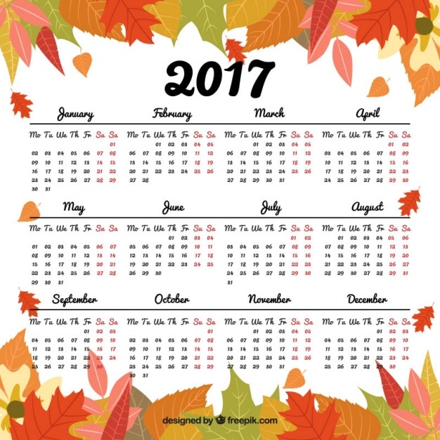 Vector gratuito calendario de 2017 con hojas decorativas