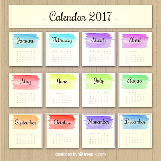 Vector gratuito calendario 2017 con manchas de acuarela