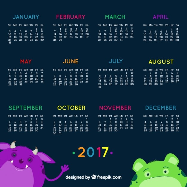 Vector gratuito calendario de 2017 con monstruos sonrientes