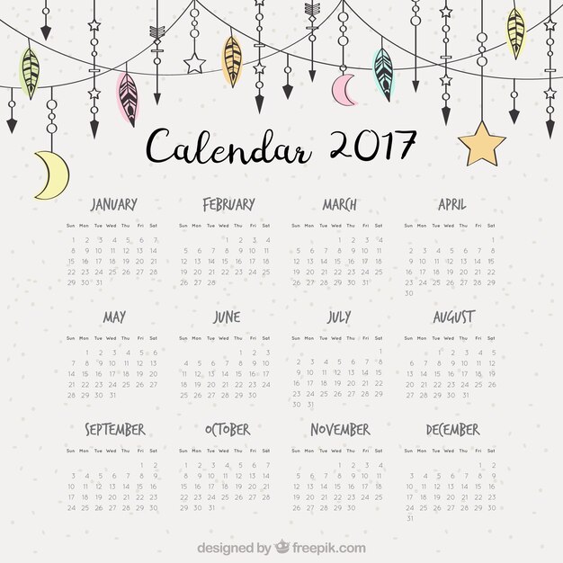 Vector gratuito calendario 2017 con ornamentos boho dibujados a mano