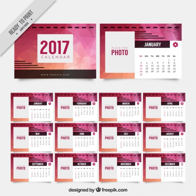 Calendario de 2017 poligonal en color rosa