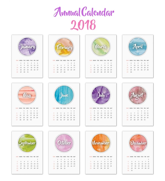 Vector gratuito calendario 2018 con diseño de acuarela