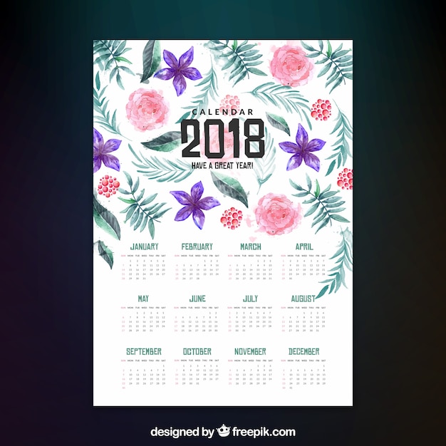 Vector gratuito calendario de 2018 con flores de acuarela