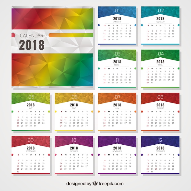 Vector gratuito calendario 2018 con formas poligonales de colores