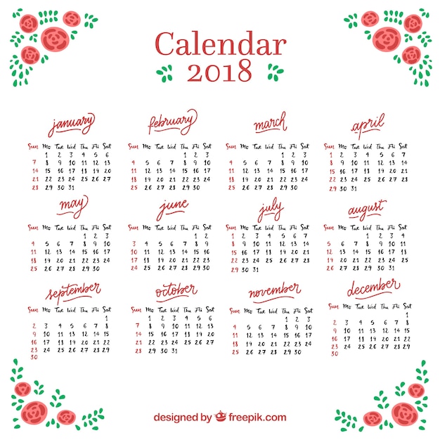 Calendario 2018 con rosas dibujadas a mano 