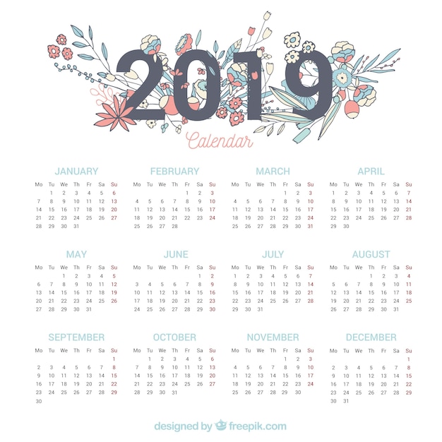 Calendario 2019 con elementos florales