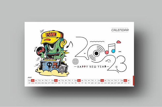 Calendario 2023 feliz año nuevo patrón de diseño de julio