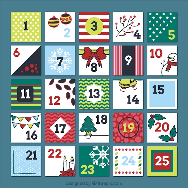 Vector gratuito calendario de adviento con accesorios navideños
