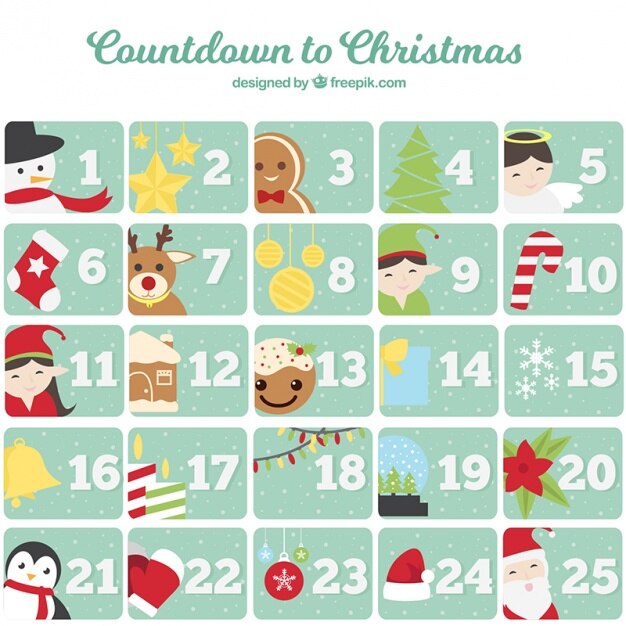 Vector gratuito calendario de adviento con bonitos personajes navideños 