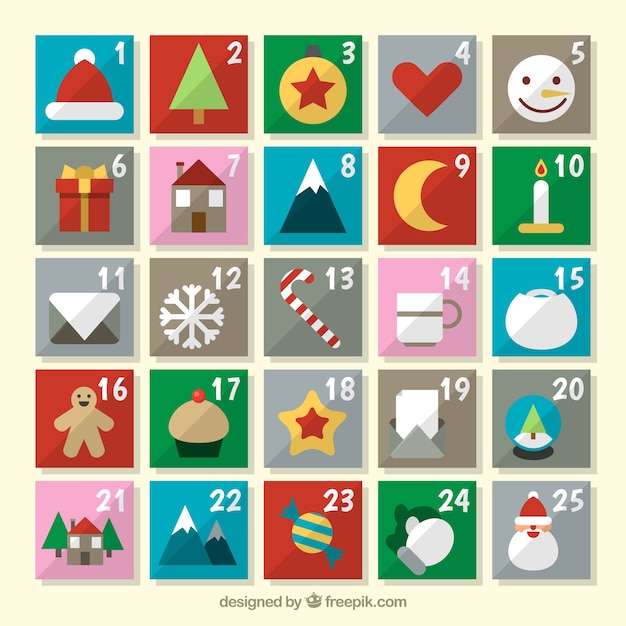 Vector gratuito calendario de adviento con decoración en diseño plano