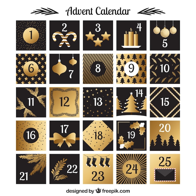 Calendario de adviento con decoraciones doradas