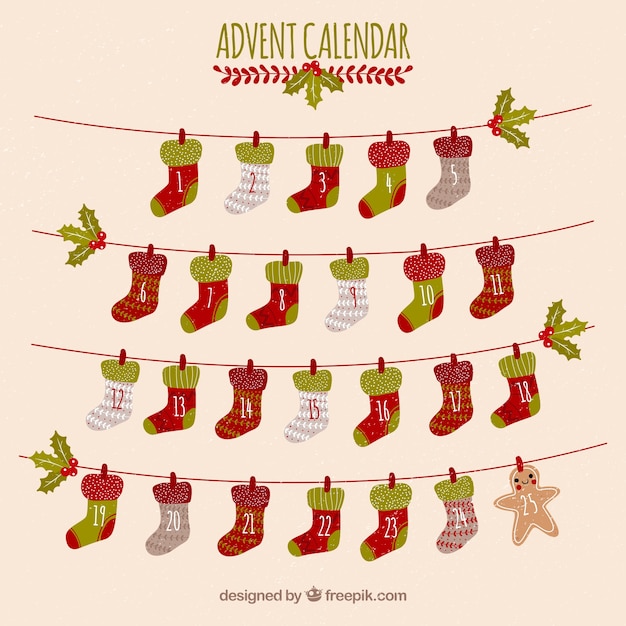 Calendario de adviento con días en forma de calcetines navideños