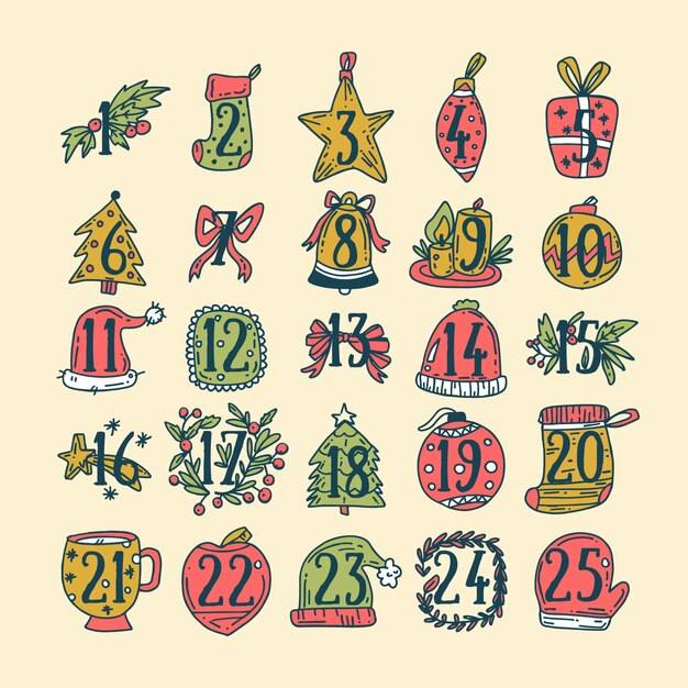 Calendario de adviento dibujado a mano con decoración