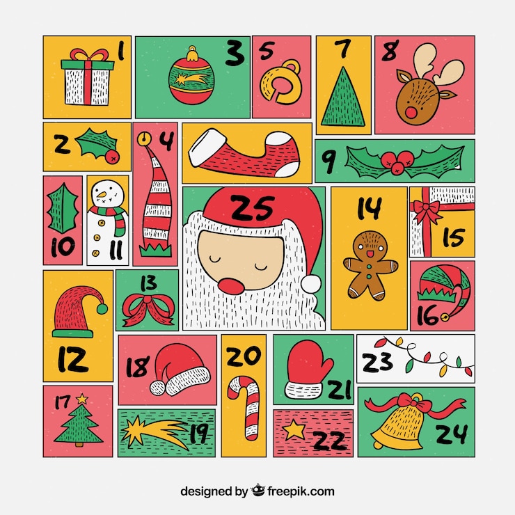 Vector gratuito calendario de adviento dibujado a mano en un estilo cómico