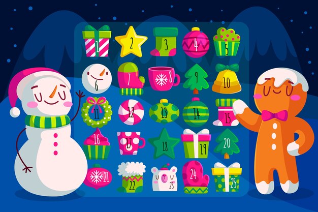Calendario de adviento de diseño plano con muñeco de nieve y hombre de jengibre