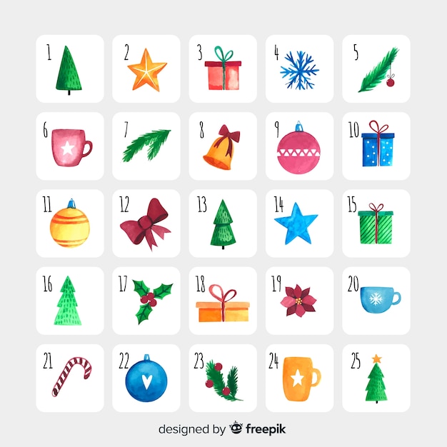 Calendario adviento elementos acuarela