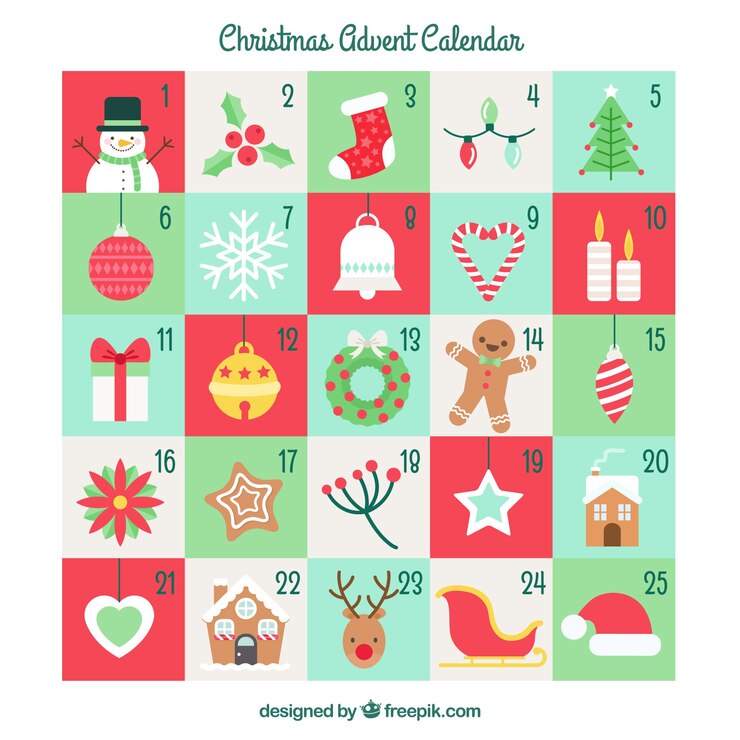 Vector gratuito calendario de adviento con elementos y personajes de navidad