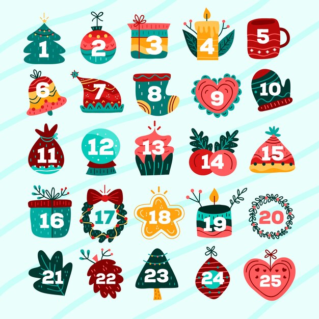 Calendario de adviento festivo dibujado a mano