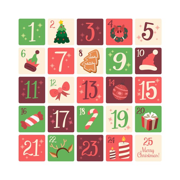 Calendario de adviento festivo dibujado a mano