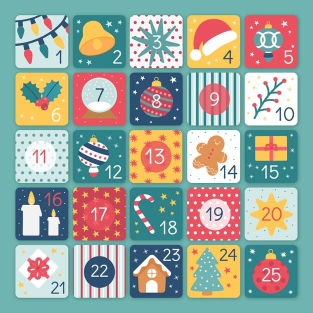 Calendario de adviento festivo dibujado a mano