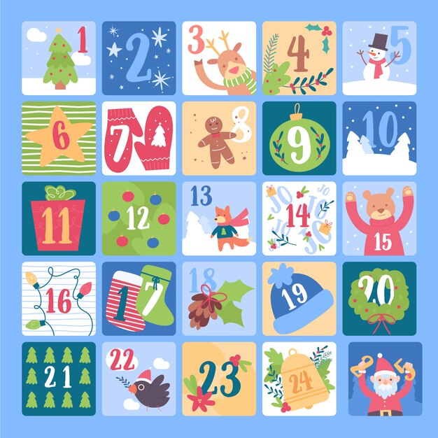 Calendario de adviento festivo dibujado a mano