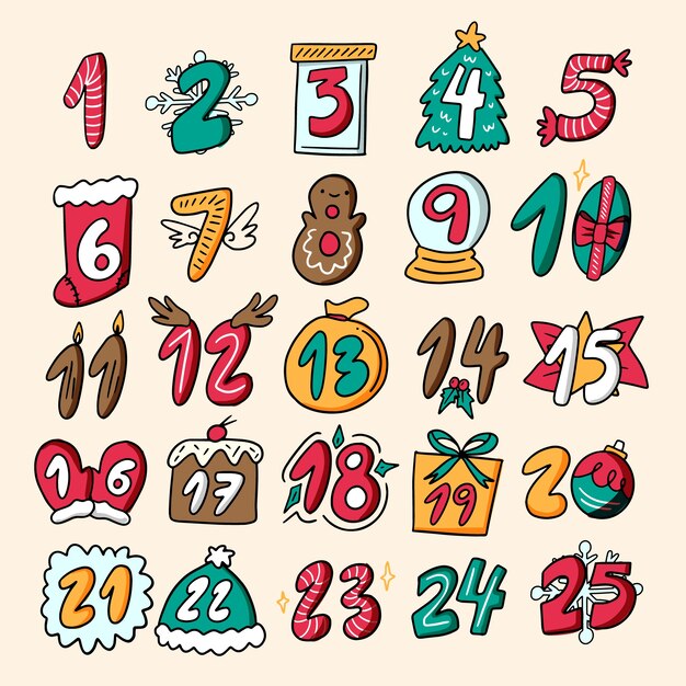 Calendario de adviento festivo dibujado a mano