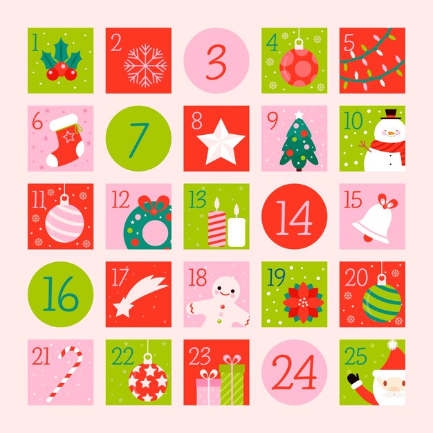 Calendario de adviento festivo de diseño plano
