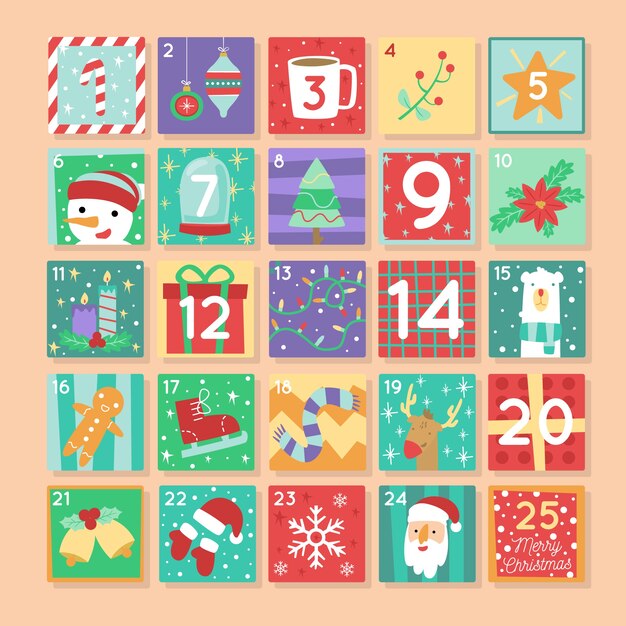 Calendario de adviento navideño con símbolos tradicionales en diseño plano