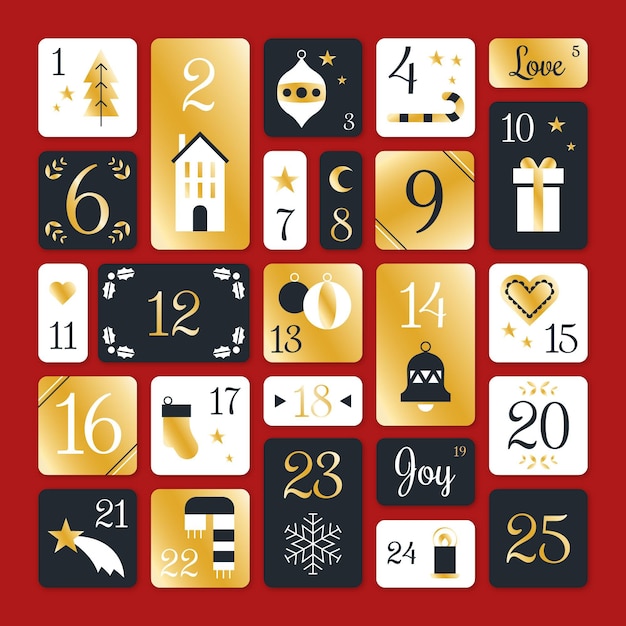 Vector gratuito calendario de adviento negro y dorado