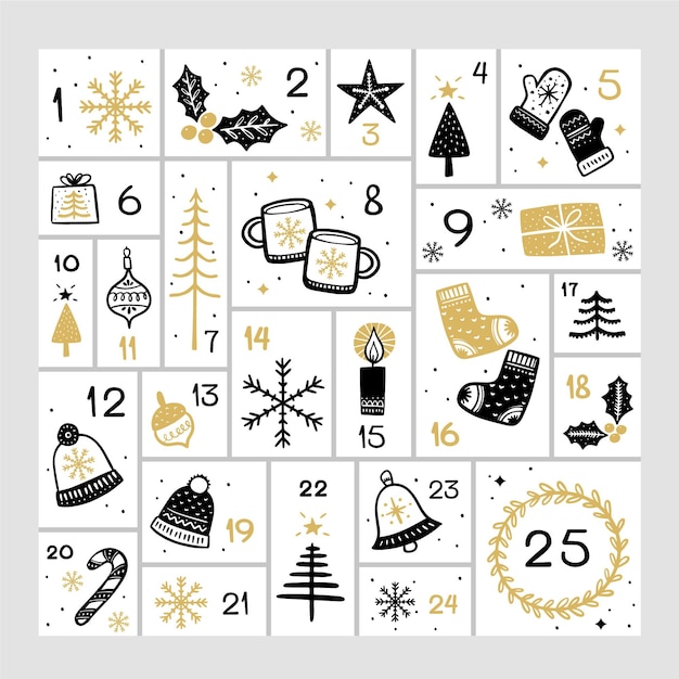 Vector gratuito calendario de adviento negro y dorado