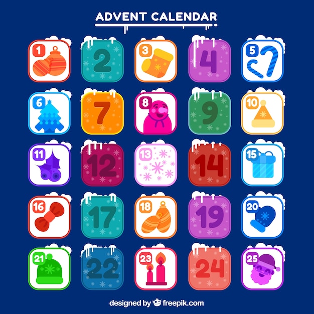 Calendario de adviento nevado con un fondo azul oscuro