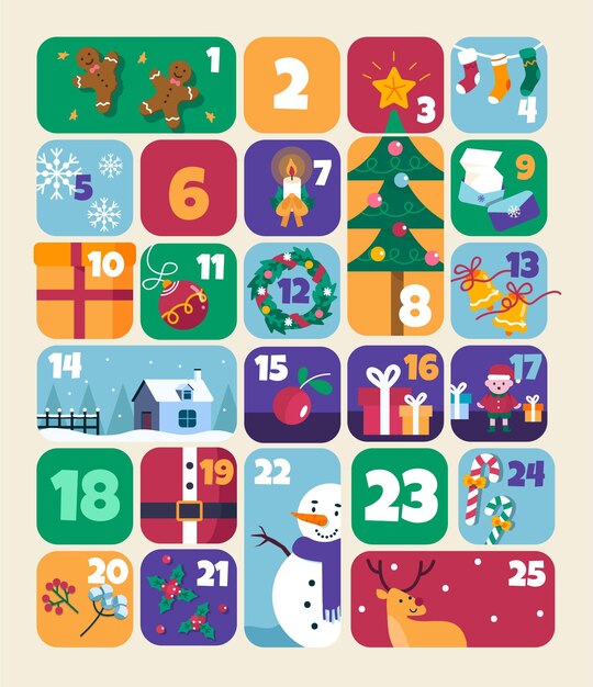 Calendario de adviento plano con elementos navideños