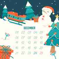 Vector gratuito calendario de adviento plano con nieve y muñeco de nieve