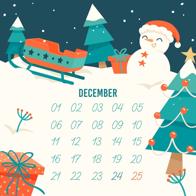 Calendario de adviento plano con nieve y muñeco de nieve