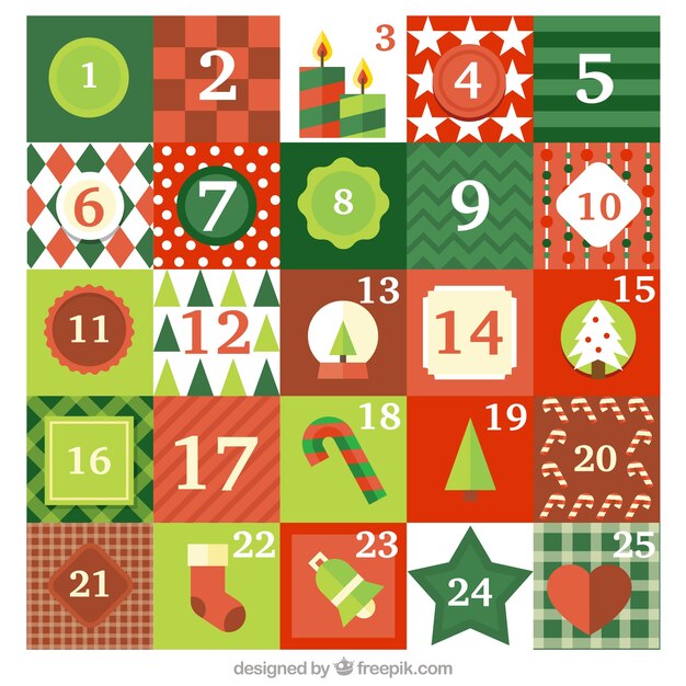Calendario de adviento verde y rojo con muchos atributos diferentes de navidad
