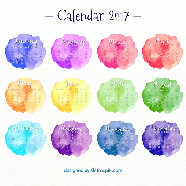 Calendario del año 2017 con manchas en acuarela