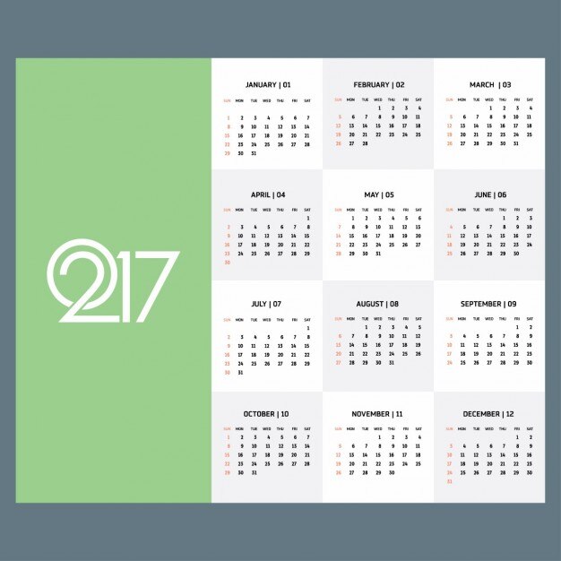 Calendario para el año 2017 con una pestaña verde