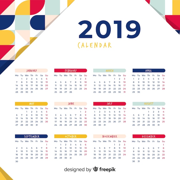 Calendario de año nuevo 2019 en diseño plano