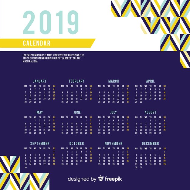 Calendario de año nuevo 2019 en diseño plano