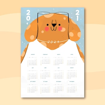 Calendario año nuevo 2021 dibujado a mano con perro